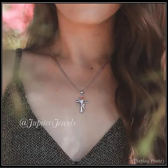 14k white gold religious God cross Jesus faith rose charm sim diamond necklace - Picture 4 of 4